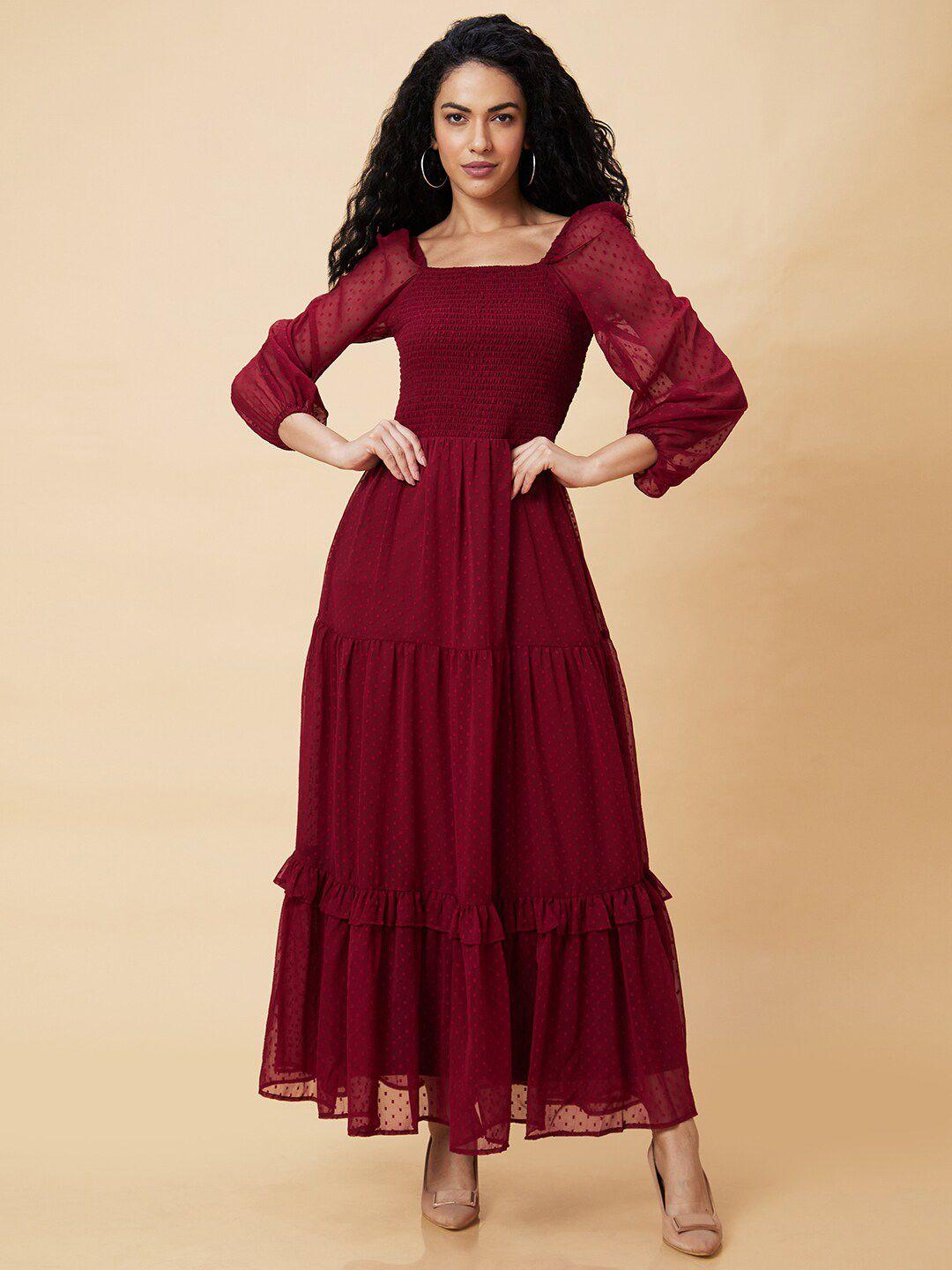 globus maroon self deign square neck smocked tiered a-line maxi dress