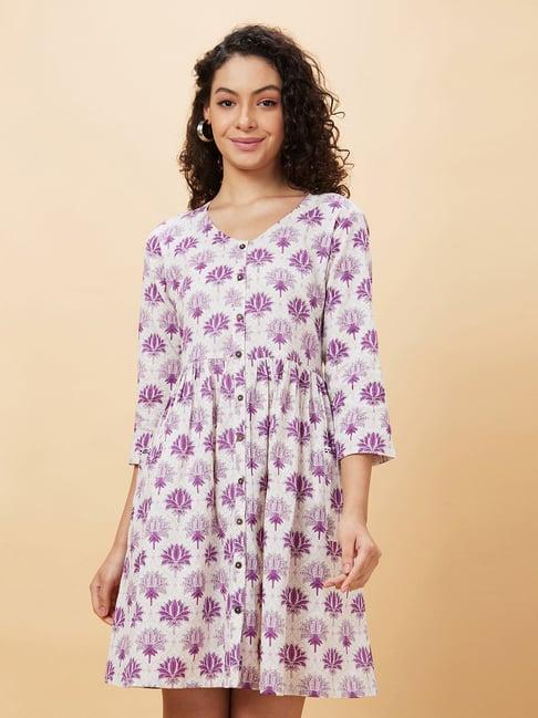 globus mauve & white cotton floral print shirt dress