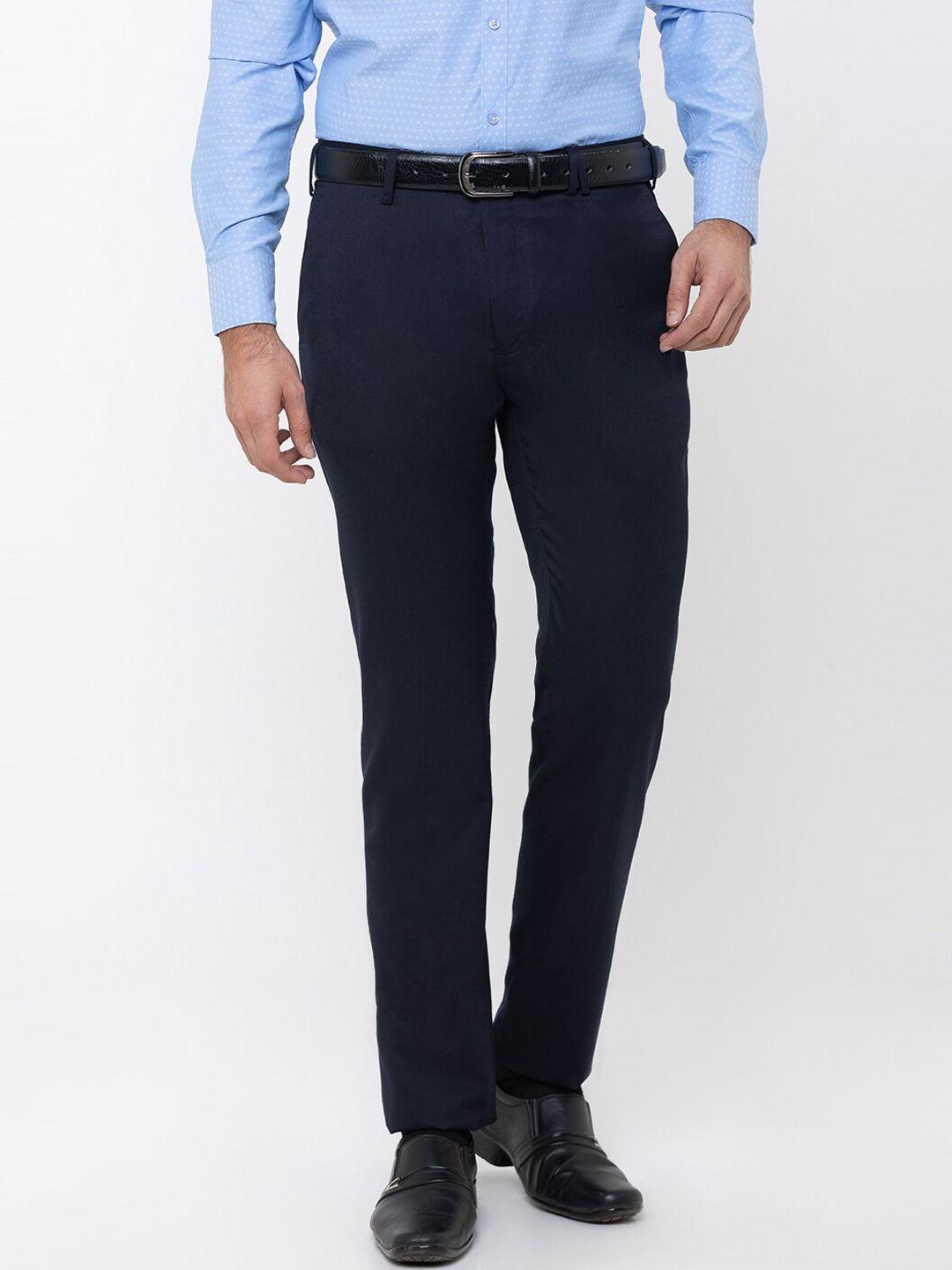 globus men blue regular fit solid formal trousers