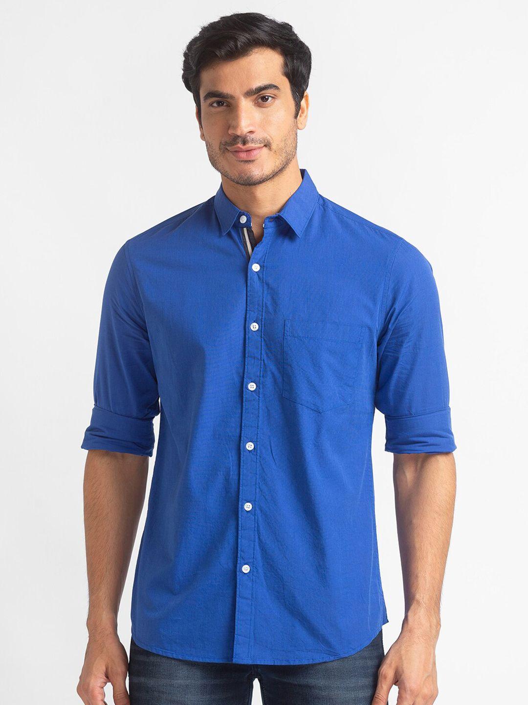 globus men blue solid pure cotton casual shirt