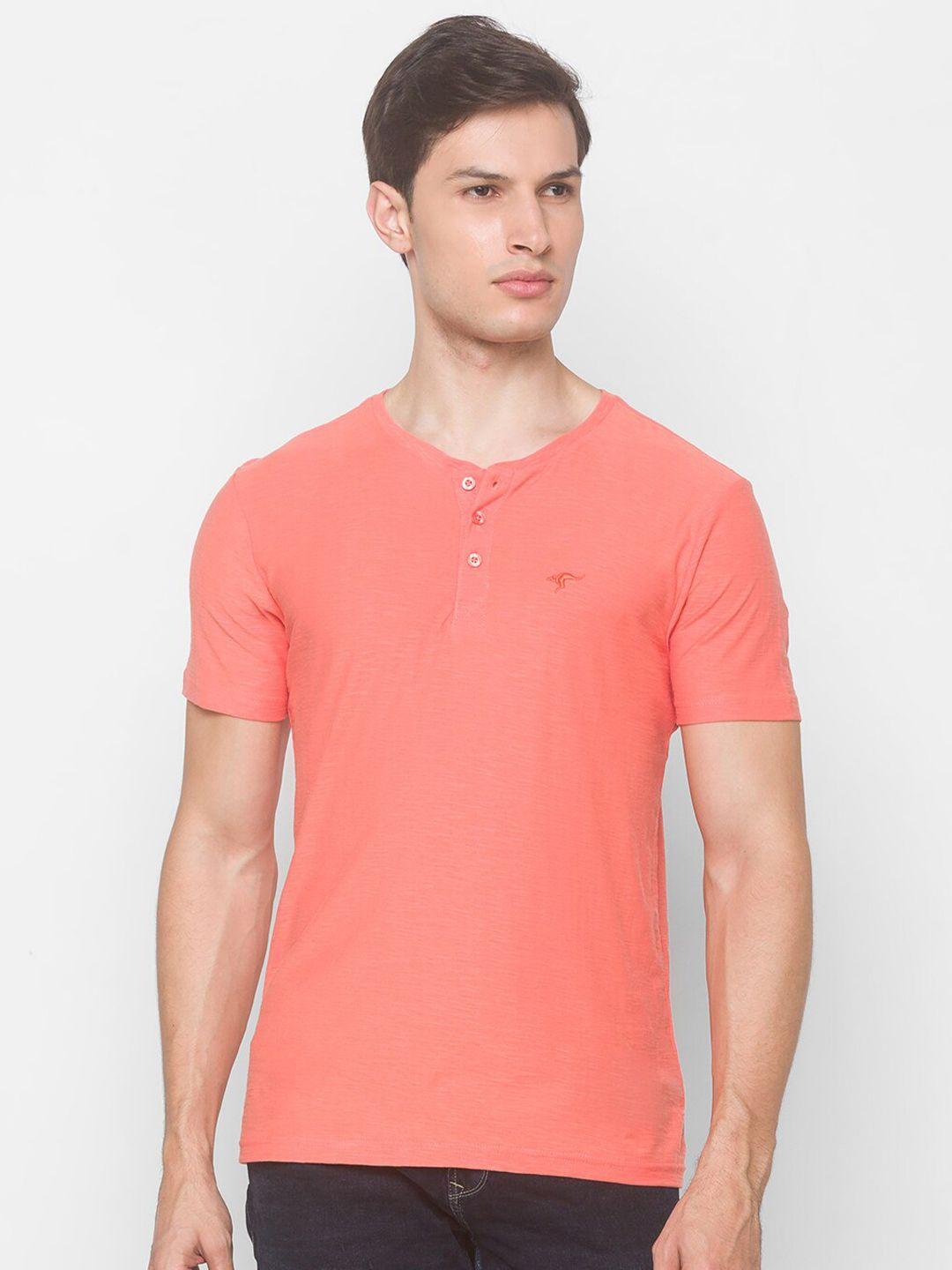 globus men coral henley neck slim fit pure cotton t-shirt