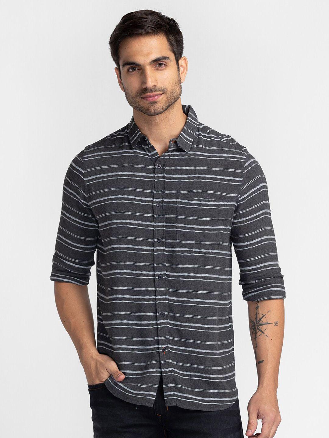 globus men grey comfort horizontal striped pure cotton casual shirt