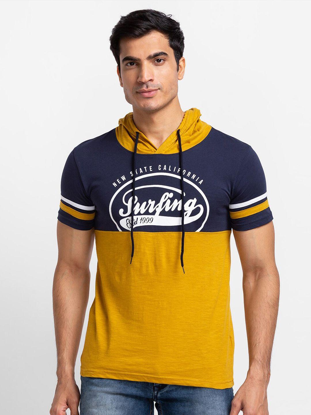 globus men mustard yellow & blue typography pure cotton printed t-shirt