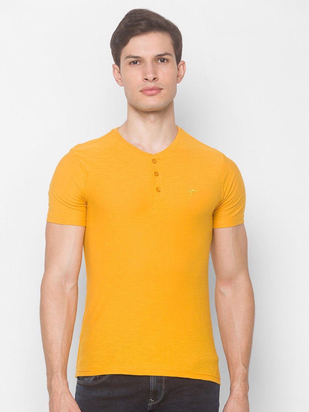 globus men mustard yellow henley neck slim fit pure cotton t-shirt