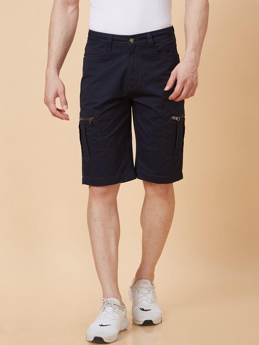 globus men navy blue regular fit cargo shorts