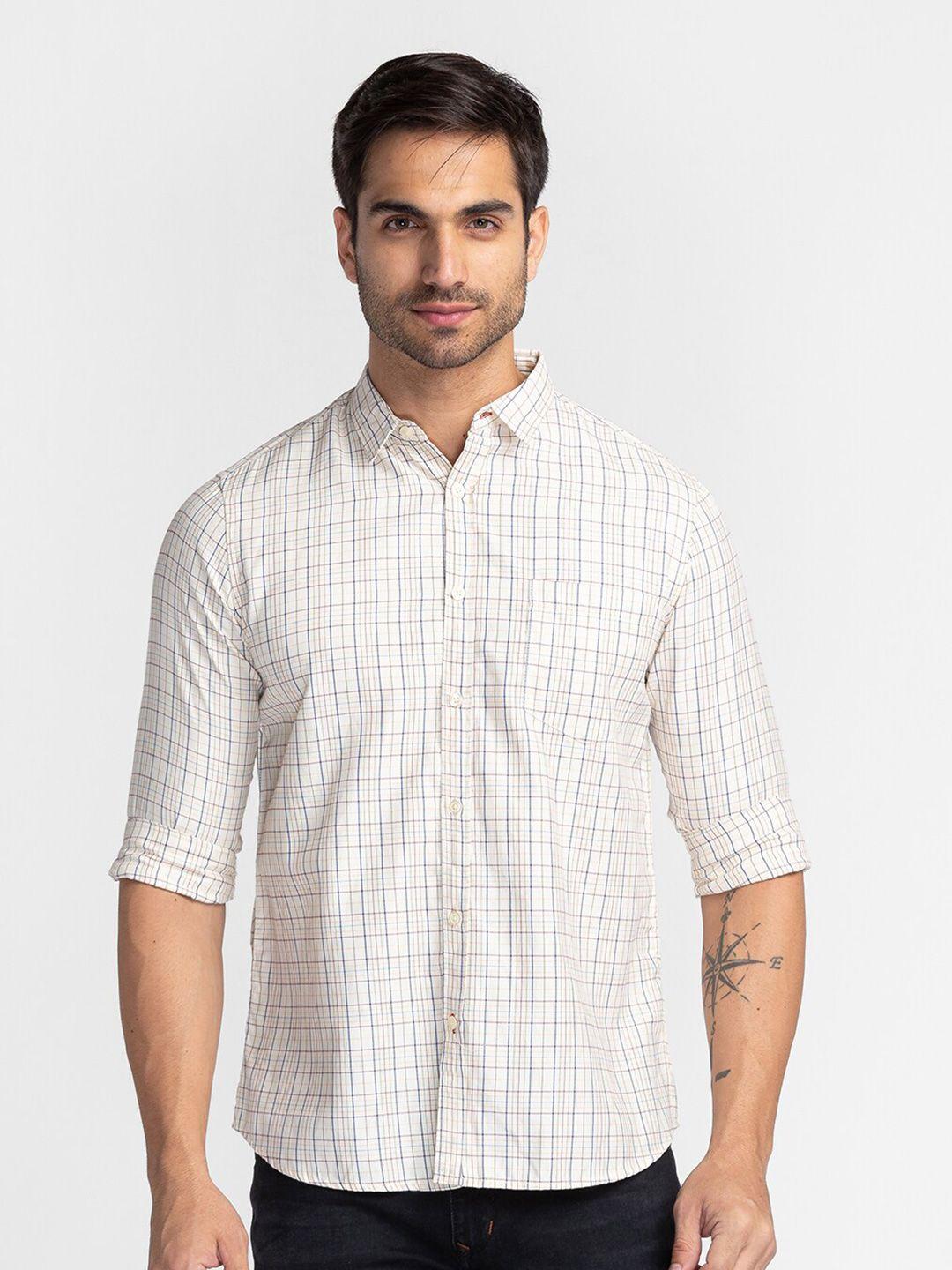 globus men off white comfort checked pure cotton casual shirt