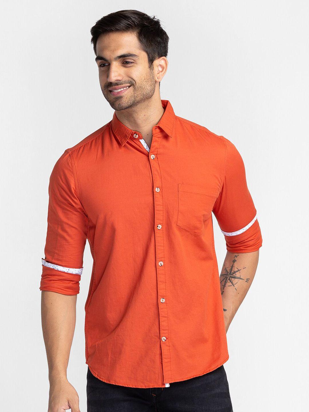 globus men orange comfort pure cotton casual shirt
