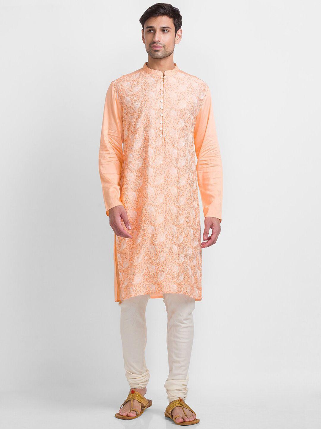 globus men peach-coloured printed kurta