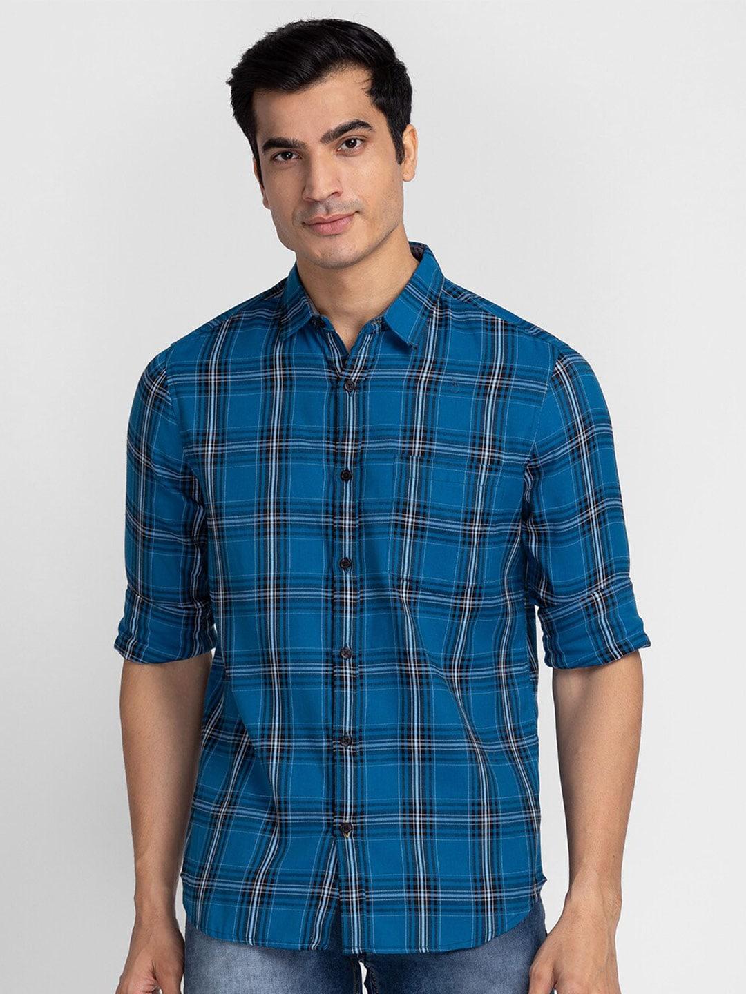 globus men teal blue checked pure cotton casual shirt