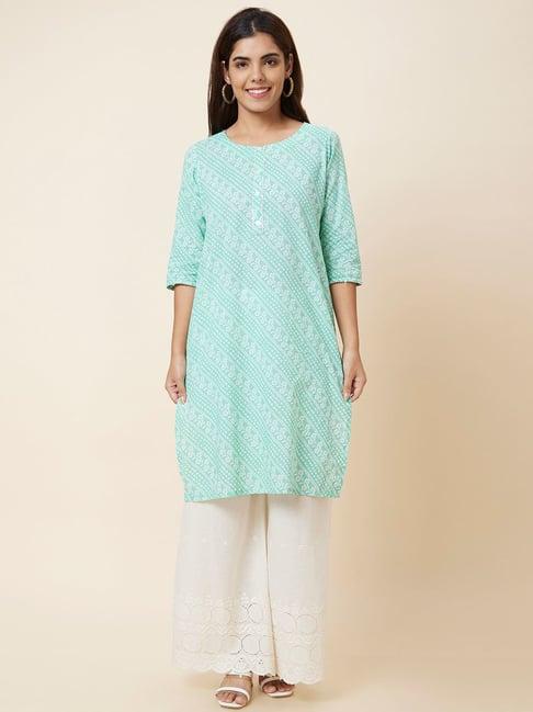 globus mint green & white cotton printed kurta