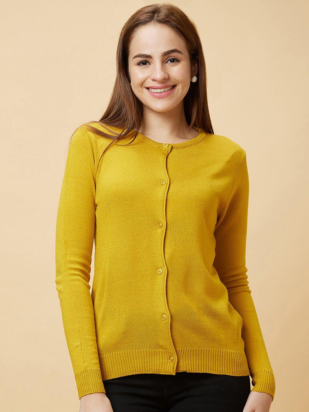 globus mustard round neck long sleeves acrylic cardigan sweater