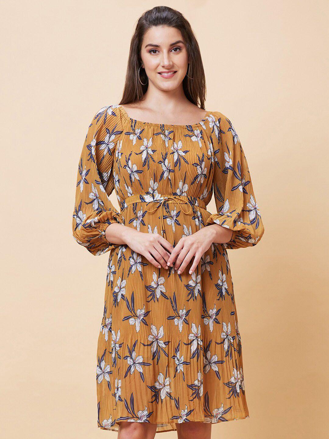 globus mustard yellow & white floral printed accordion pleated puff sleeve a-line dress