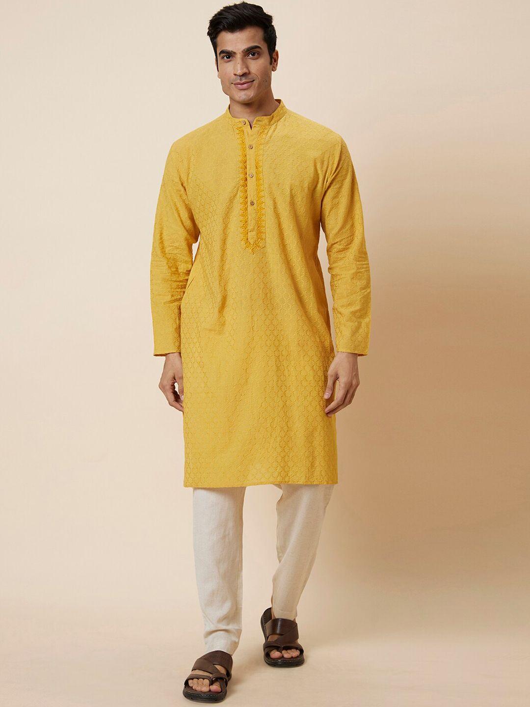 globus mustard yellow ethnic motifs embroidered pure cotton kurta