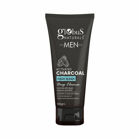 globus naturals anti pollution & anti acne charcoal face wash, detoxifying cleanser, fights pollution and de-tans skin, for men with oily & acne prone skin, 100 gms