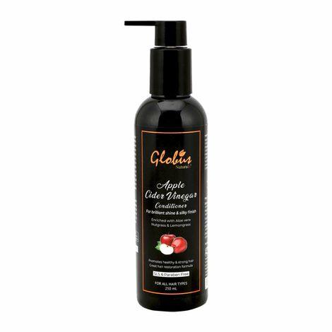 globus naturals apple cider vinegar conditioner for brilliant shine & silky finishenriched with aloe vera, nutgrass & lemongrass |promotes hair growth|maintains scalp ph|no parabens| no sulphate| 250 ml