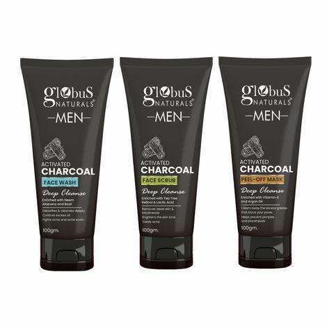 globus naturals charcoal anti-pollution face care combo for men, set of 3 - face wash, face scrub, peel off mask