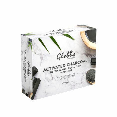 globus naturals charcoal facial kit for skin exfoliation & refreshed glowing skin | 5 step detoxifying & anti acne kit |paraben free | salon grade| for all skin types (110 g)