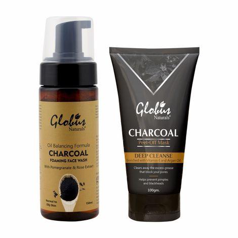 globus naturals charcoal foaming face wash 150 ml & charcoal peel off mask enriched with vitamin-e and argan oil 100 g