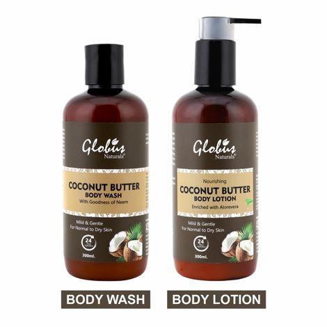globus naturals coconut butter body wash & body lotion 300ml (combo pack)