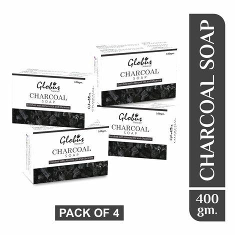 globus naturals deep cleaning & exfoliating activated charcoal soap enriched with tea tree | almond oil | glycerine 100gm (pack of 4)