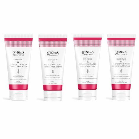 globus naturals glycolic & 1% salicylic acid anti-acne face care combo - set of 4 face wash, face cream, face gel & face scrub