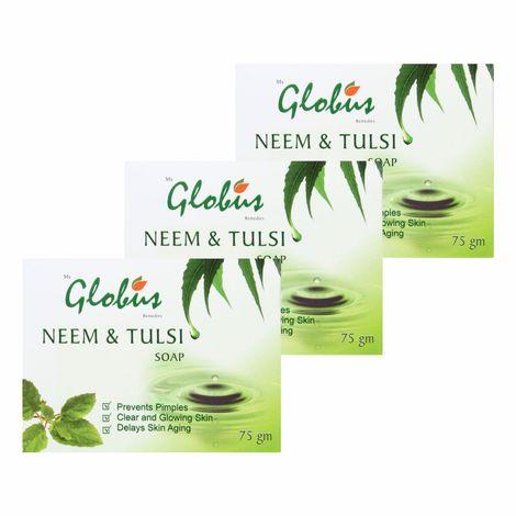 globus naturals neem tulsi soap enriched with aloevera kesar sandalwood 75 gm (pack of 3)