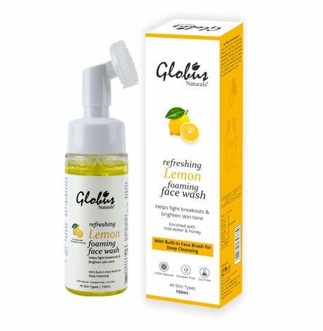 globus naturals refreshing lemon fairness foaming face wash with silicon face massage brush (150 ml)