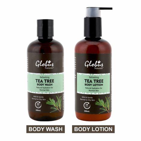 globus naturals refreshing tea tree body wash & body lotion 300ml (combo pack)