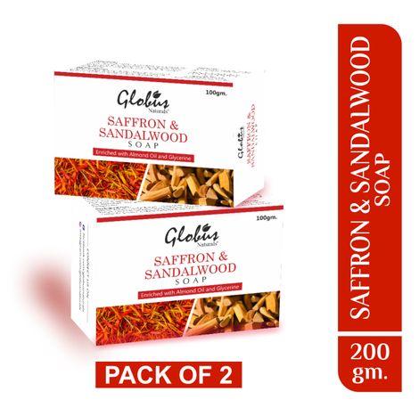 globus naturals saffron & sandalwood soap enriched with almond oil and glycerine 100gm (pack of 2)