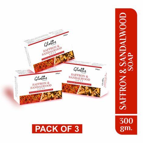 globus naturals saffron & sandalwood soap enriched with almond oil and glycerine 100gm (pack of 3)