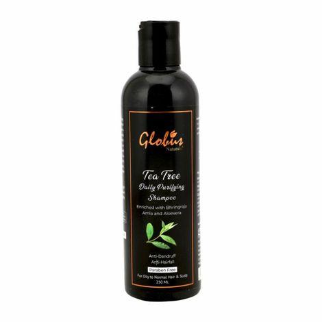 globus naturals tea tree daily purifying shampoo for dandruff prone hair, itchy & oily scalp enriched with bhringraj, amla,aloevera|no parabens| no sulphate| 250 ml