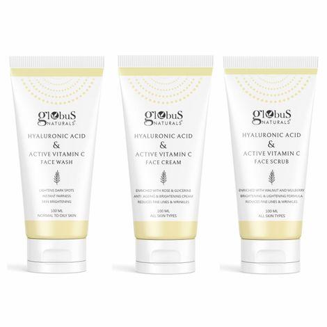 globus naturals vitamin c & hyaluronic acid anti-ageing & brightening face care combo set of 3 - face wash, face cream & face scrub