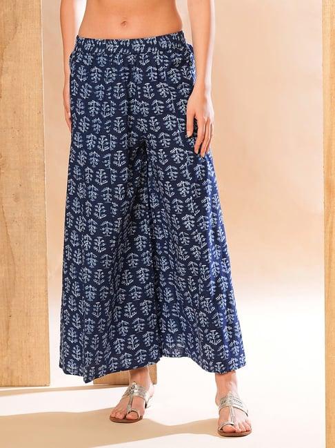 globus navy & white cotton printed mid rise palazzos