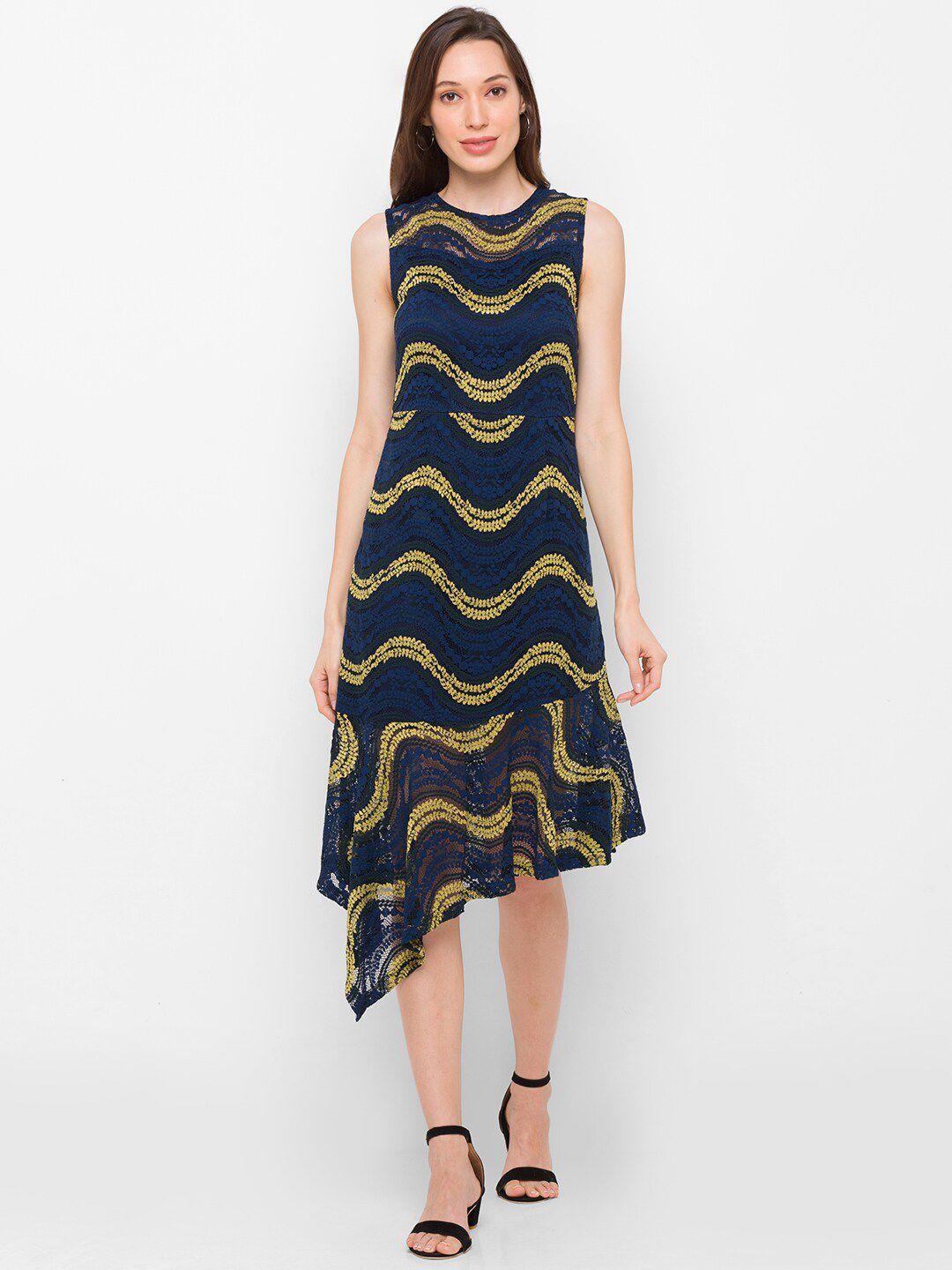 globus navy blue & mustard yellow cotton a-line midi dress