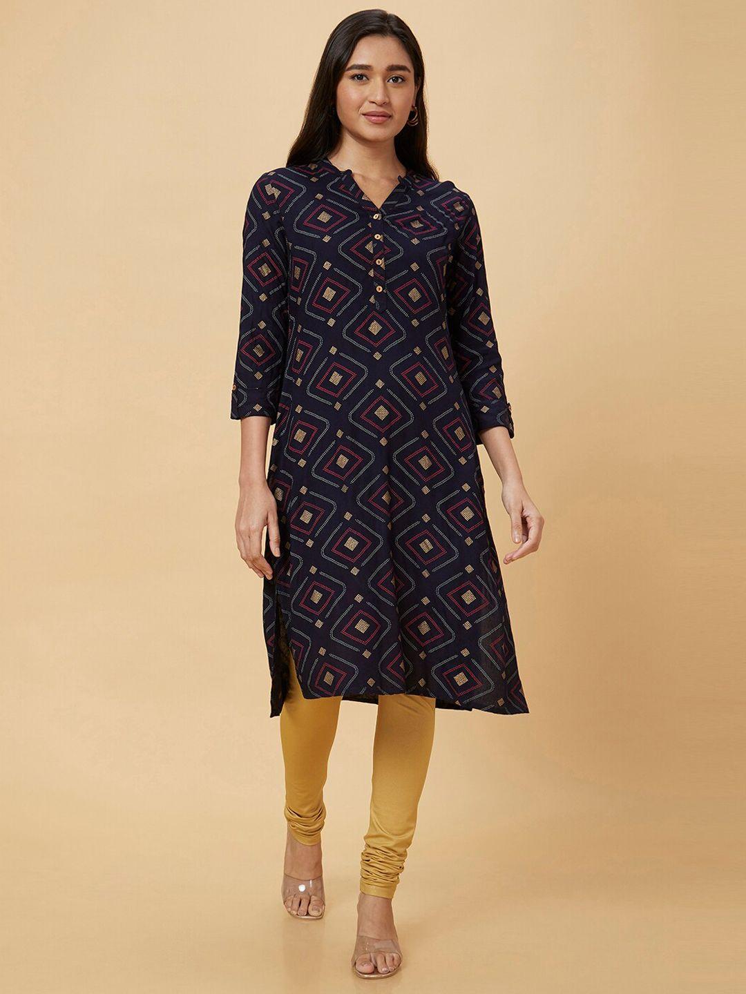 globus navy blue & yellow colour geometric printed mandarin collar straight kurta