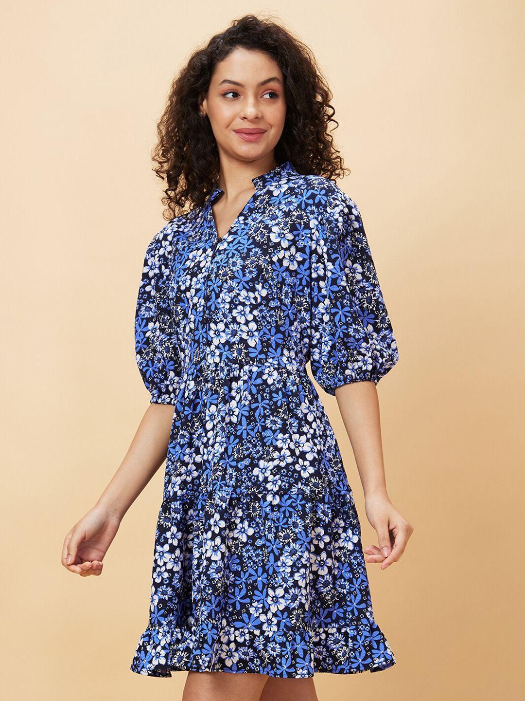 globus navy blue floral print puff sleeve fit & flare dress