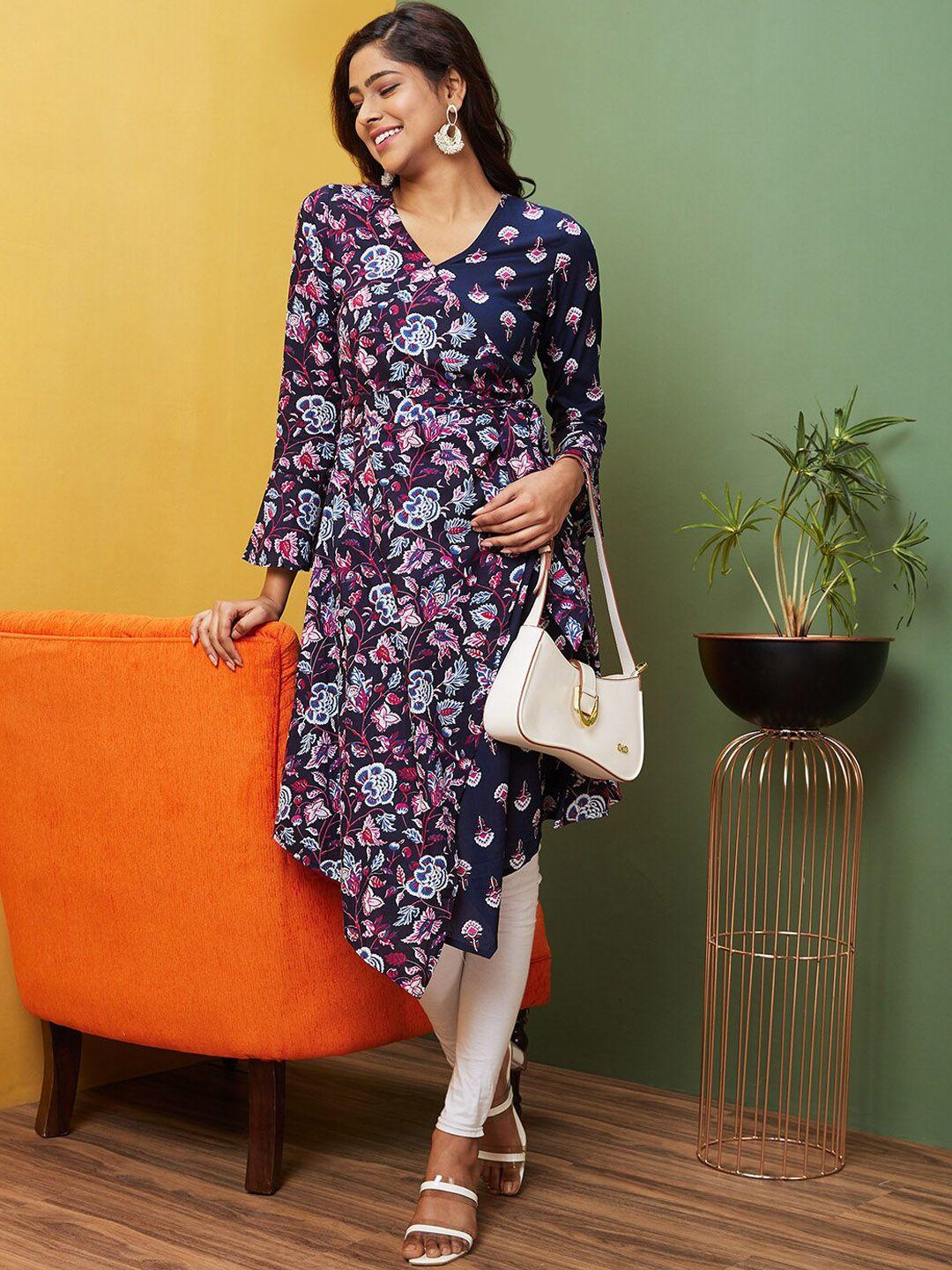 globus navy blue floral printed flared sleeves v-neck angrakha cotton a-line kurta