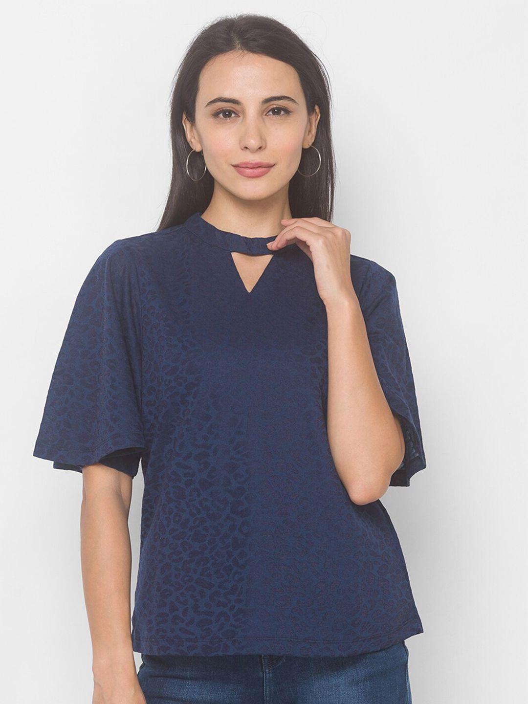 globus navy blue solid keyhole neck regular top