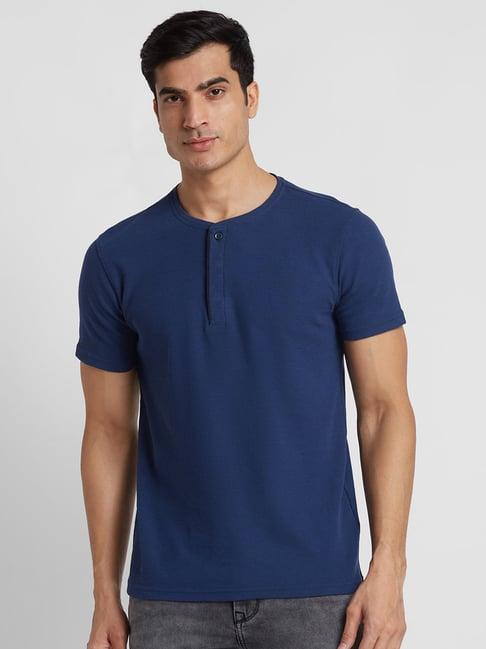 globus navy regular fit cotton henley t-shirt