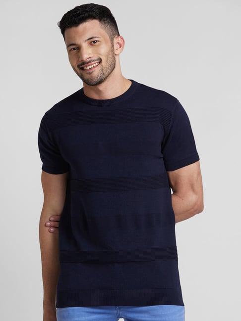 globus navy regular fit self design cotton crew t-shirt