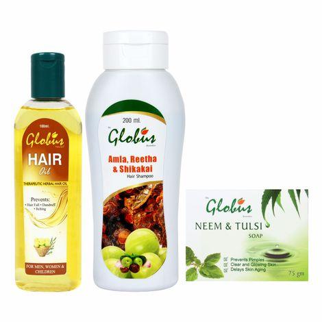 globus neem tulsi soap+ globus hair oil+ globus herbal shampoo (375 g)