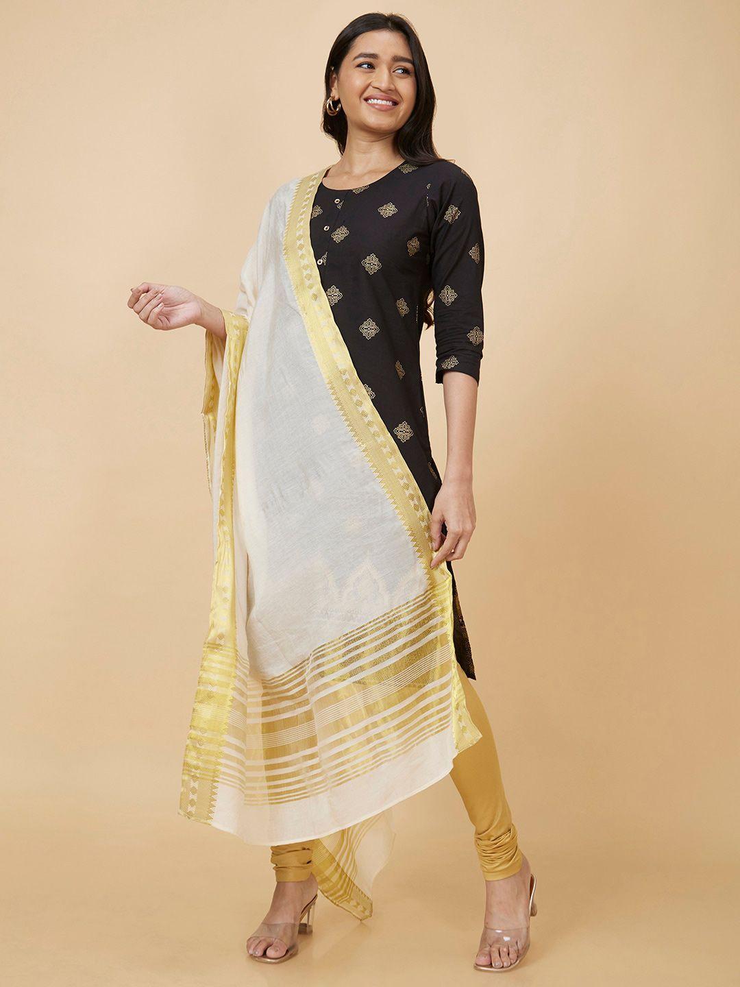 globus off white & gold-toned striped woven design dupatta with zari