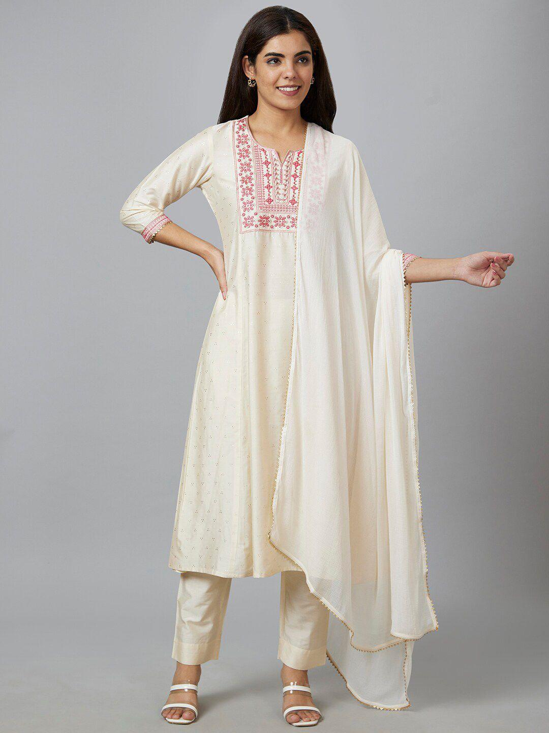 globus off white & pink ethnic motifs embroidered a-line kurta with trousers & dupatta