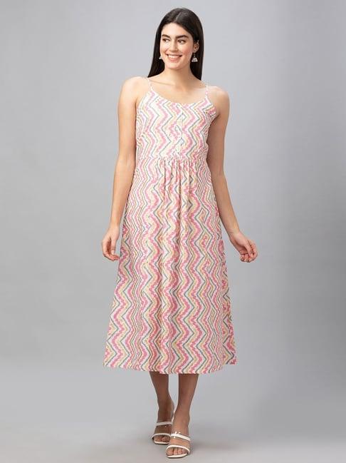 globus off-white cotton chevron pattern a-line dress