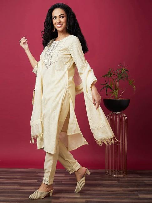 globus off white cotton embellished kurta with pants & dupatta