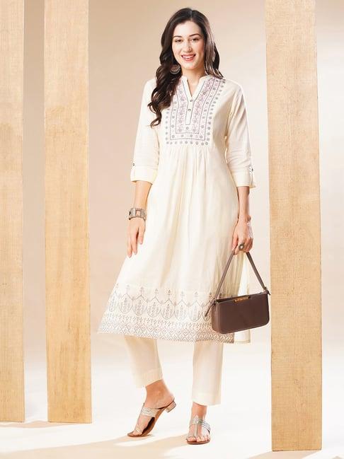 globus off white cotton embroidered kurta with pants