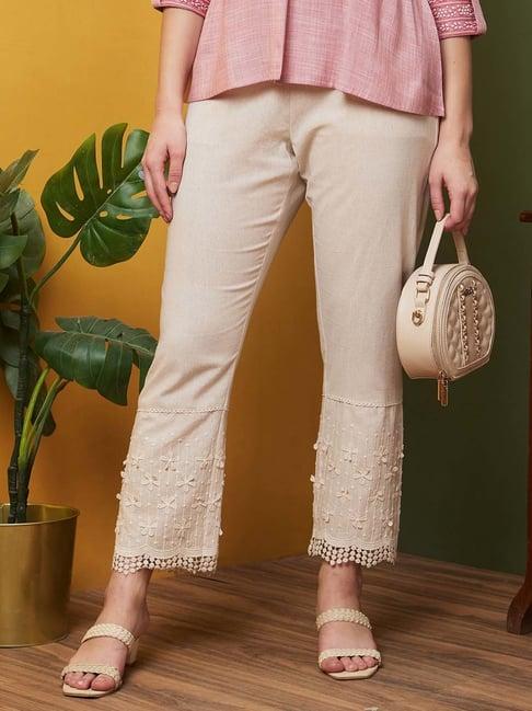 globus off white cotton embroidered pants