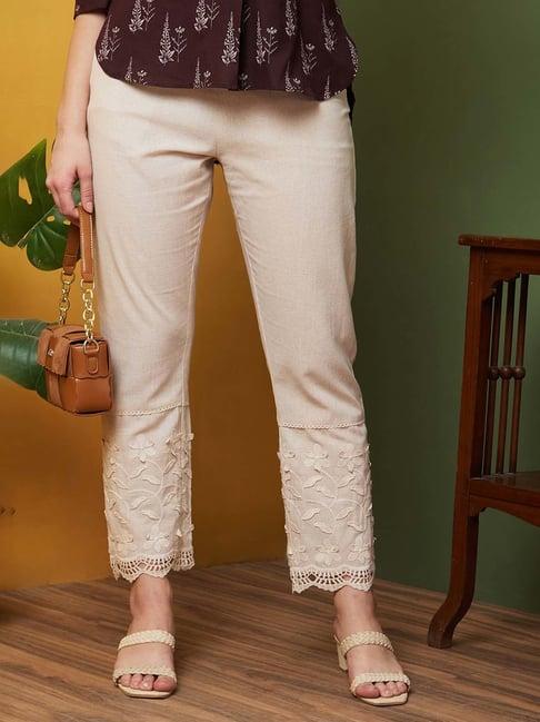 globus off white cotton embroidered pants