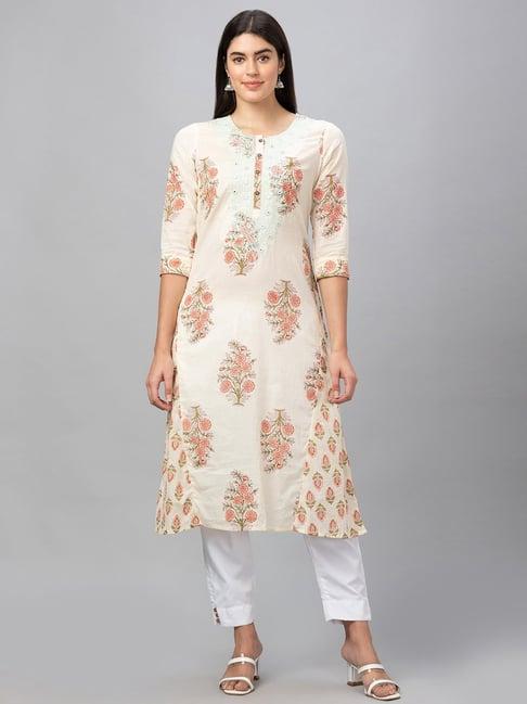 globus off-white cotton floral print a line kurta