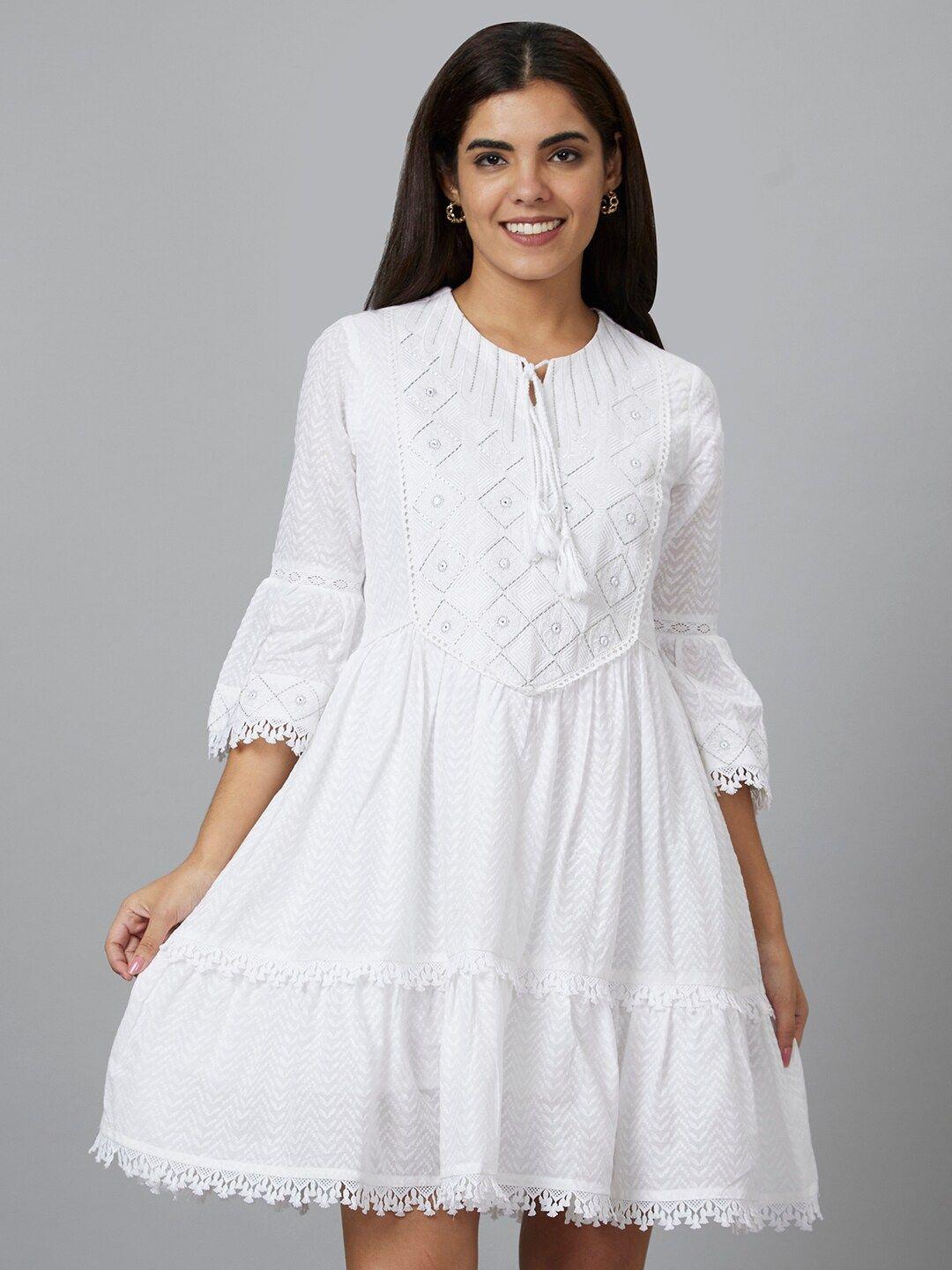 globus off white self design tie-up neck bell sleeve pure cotton fit & flare dress